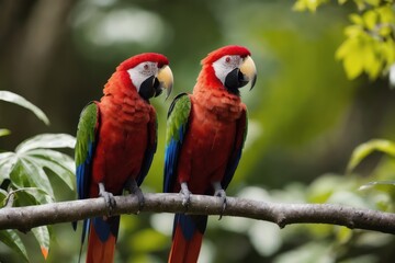 Fototapeta na wymiar Scarlet Macaw parrots perching on a branch with tropical leaves everywhere in a tropical rainforest. Wildlife concept of ecological environment. Generative AI