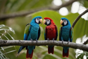 Plakat Scarlet Macaw parrots perching on a branch with tropical leaves everywhere in a tropical rainforest. Wildlife concept of ecological environment. Generative AI