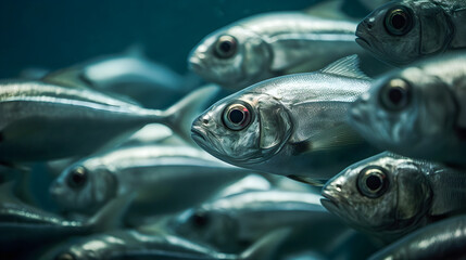 Fototapeta premium Group of small fish on the bottom of the sea. Sustainable fishing. Care of the oceans. Generative ai.