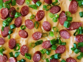 pepperoni pizza with sausage and tomatoes, close-up 