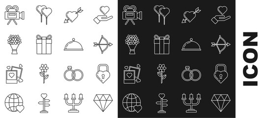 Set line Diamond, Castle in the shape of heart, Bow and arrow, Amour symbol with, Gift box, Bouquet flowers, Cinema camera and Covered tray food icon. Vector