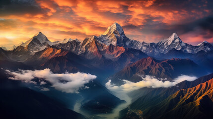 Fototapeta na wymiar Breathtaking Panoramic Sunrise over Mountain Range, Vivid Colors and Dramatic Lighting, Wide-Angle Lens View, Generative AI
