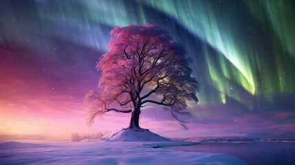 Magical Aurora Borealis Display Over Frozen Landscape with Solitary Tree, Generative AI