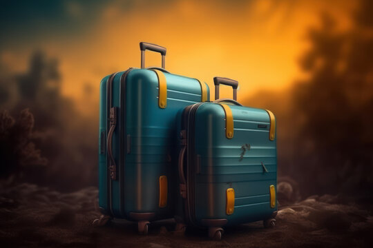 Photo-realistic Landscape of Luggage in Dark Cyan and Light Amber Tones, Generative AI