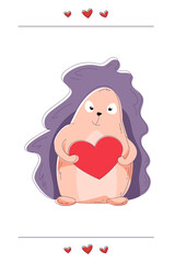 Cartoon cute hedgehog with lilac needles holds a big red heart in its paws. Animal in love with a message, wish, place for text. Postcard for congratulations, declarations of love.