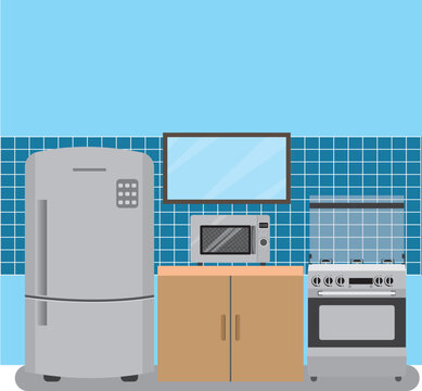 Ilustraciones de una cocina y sus diferentes equipos, estilo flat.