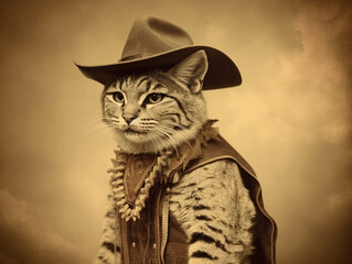 An Antique Photo of a Bobcat Dressed Up as a Cowboy | Generative AI