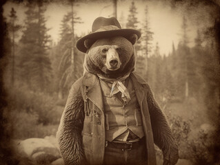 An Antique Photo of a Bear Dressed Up as a Cowboy | Generative AI