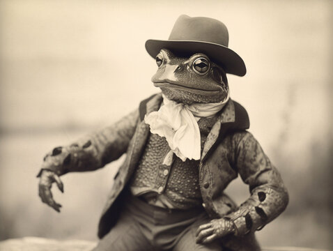 An Antique Photo of a Frog Dressed Up as a Cowboy | Generative AI