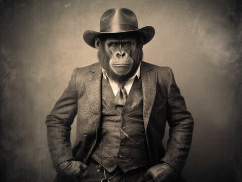 An Antique Photo of a Gorilla Dressed Up as a Cowboy | Generative AI