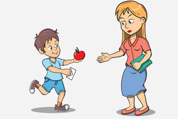 Alumno obsequiando una manzana a su maestra.
