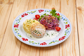 cutlet with mashed potato and salad