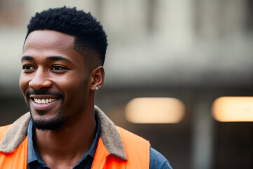 Portrait of the smiling an African American  male factory worker in an orange vest and industry background. Generative AI