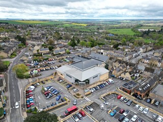 Fototapeta premium Coop supermarket Chipping Norton Oxfordshire UK drone aerial view.