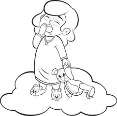 Ilustracion vectorial de una niña pequeña apunto de dormirse parada sobre una nube blanca. - obrazy, fototapety, plakaty