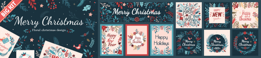 Big Kit of templates for Christmas and New Year flower cards. Vivid Illustrations for vector image design