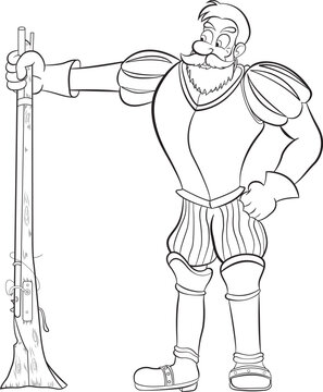 Dibujo vectorial de soldado de las conquistas espa&ntilde;olas, sin color en blanco y negro para imprimir y pintar para uso en actividades escolares.