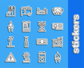 Set line Electric plug, Diesel power generator, Electrical outlet, Power station plant and factory, Car battery, Nuclear and High voltage pole line icon. Vector