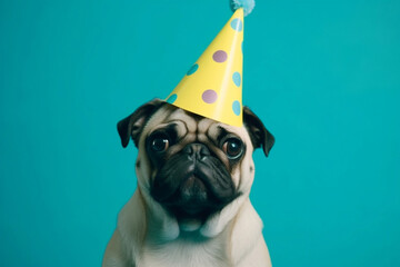 Pet birthday celebration. Mops with a birthday hat on blue studio background. AI generative