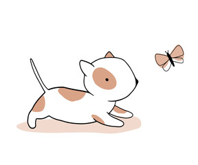 Vector Illustration of Cute Hand Drawn White-Brown Little Puppy. Lovely Nursery Art with Funny Baby Dog and Flying Butterfly on a White Background. Kids Room Decoration. Sweet Baby Amstaff Print.