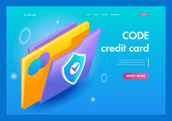 3D Isometric, cartoon. Folder with credit card data is securely protected. Code credit card. Trending Landing Page