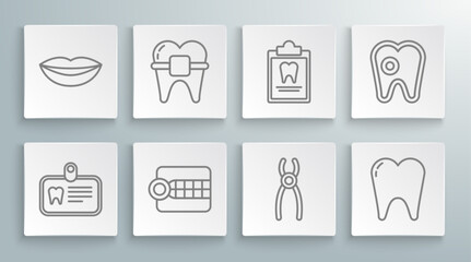Fototapeta na wymiar Set line Id card with tooth, Teeth braces, Dentures model, Dental pliers, Tooth, Clipboard dental, caries and Smiling lips icon. Vector