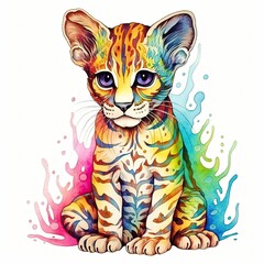 Fototapeta premium Baby Margay watercolor with ink outline on white background, high detailed (generative AI)