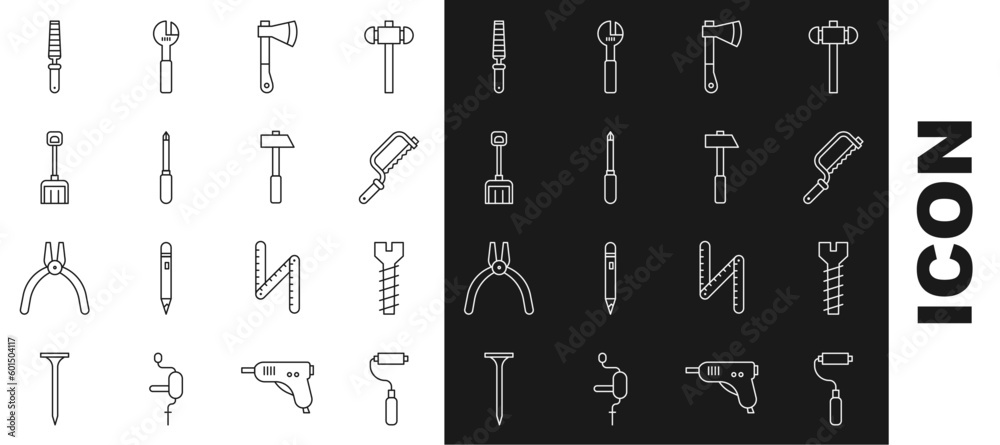 Wall mural Set line Paint roller brush, Metallic screw, Hacksaw, Wooden axe, Screwdriver, Snow shovel, Chisel tool for wood and Hammer icon. Vector