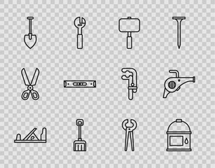 Set line Wood plane tool, Paint bucket, Sledgehammer, Snow shovel, Shovel, Construction bubble level, Pincers and pliers and Leaf garden blower icon. Vector