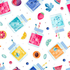 Fresh Natural Lemonade Design with Refreshing Drink in Glass Jar with Straw Vector Seamless Pattern Template