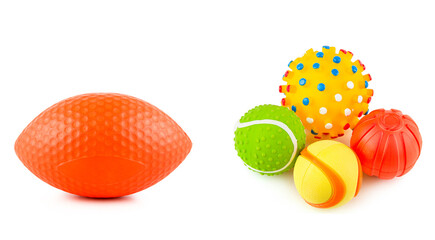 Set of balls, toys for dogs isolated on white. Wide photo. There is space for text.