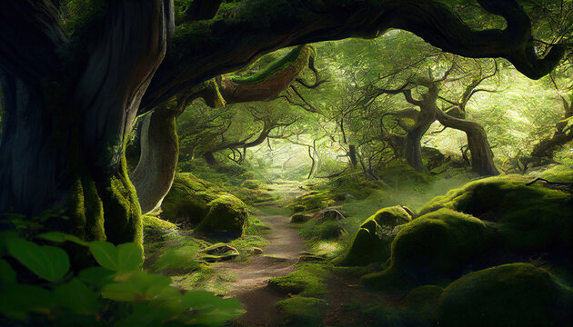 Overview of An Overgrown Ancient Oak Forest Woodland with Moss Lush Conopy AI Generative