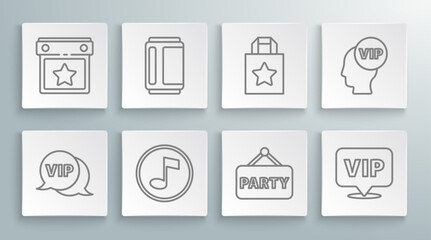 Set line Vip in speech bubble, Beer can, Music note, tone, Signboard party, Location, Paper shopping bag, inside head and Calendar icon. Vector