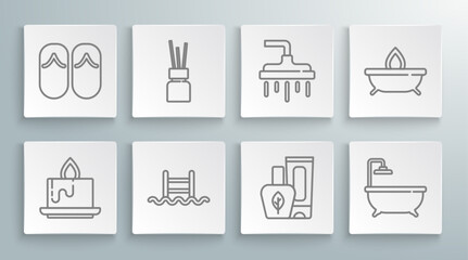 Set line Aroma candle, diffuser, Swimming pool with ladder, Ointment cream tube, Bathtub, Shower head, and Flip flops icon. Vector