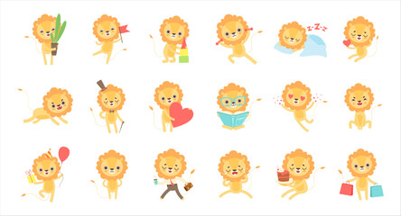 Cute Baby Lion Character with Mane Engaged in Different Activity Vector Set