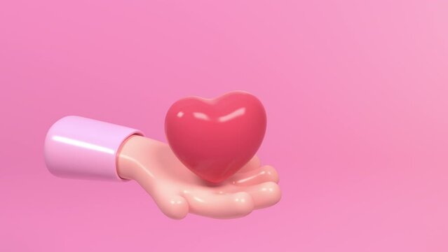 3D human hand throw up red heart on pink background. Concept of healthcare, friendship and relationship. Visual representation of heart symbolizes love and care. Seamless loop cartoon style animation