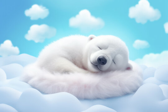 Lindo oso de peluche durmiendo sobre una nube de algodón, sobre fondo de cielo azul