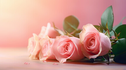 cinco rosas tumbadas sobre fondo desenfocado brillante rosado. Concepto celebraciones, aniversarios, dia de la madre, San Valentin, cumpleaños