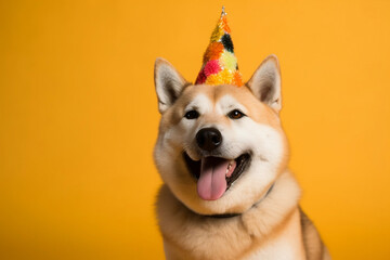 Cute Akita pet with happy face at funny happy birthday party wearing colourful hat on bright yellow background. Holidays and celebrations concept. Advertising and postcards. Generative AI Technology.