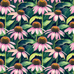 Seamless floral pattern from pink echinacea flowers with green leaves, watercolor wallpaper design for textile or book covers, manufacturing, print, gift wrap and scrapbooking. AI Generative AI