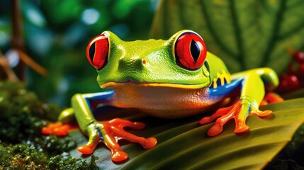 Fototapeta premium Red eyed tree frog in a wild nature. Generative AI