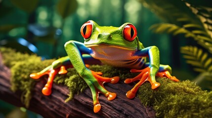 Naklejka premium Red eyed tree frog in a wild nature. Generative AI