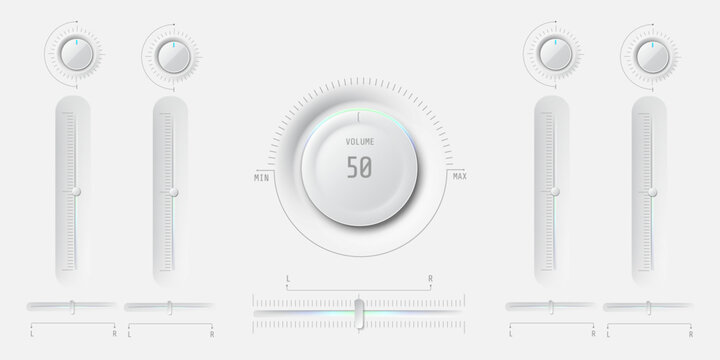Modern audio UI user interface with volume buttons and sliders. Minimalistic neumorphism style. Audio mixer, sound equalizer, virtual synthesizer. Vector control panel elements.