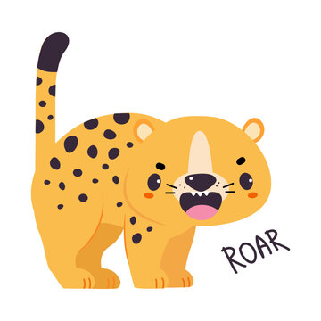 Cute Leopard or Jaguar Cub Standing and Roaring Vector Illustration