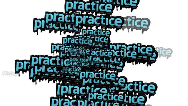 animated video scattered with the words PRACTICE on a white background