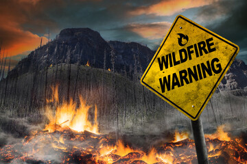 Wildfire warning sign against a forest fire background with burnt trees and vegetation