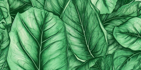 A hand-drawn illustration of green leaves forms a natural pattern, the pencil art lending an organic charm to the design. Doodle background of botanical texture. Beautiful garden print. Generative AI.