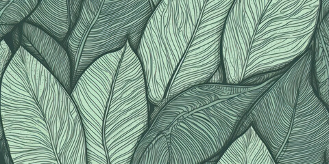 A hand-drawn illustration of green leaves forms a natural pattern, the pencil art lending an organic charm to the design. Doodle background of botanical texture. Beautiful garden print. Generative AI.