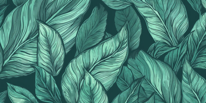 A Hand-drawn Illustration Of Green Leaves Forms A Natural Pattern, The Pencil Art Lending An Organic Charm To The Design. Doodle Background Of Botanical Texture. Beautiful Garden Print. Generative AI.