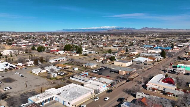 Aerial view of Willcox on Railroad Avenue at W Maley Street in historic city center of Willcox, Arizona AZ, USA. 